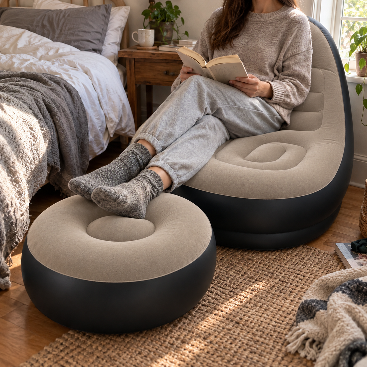 Taupe inflatable lounge chair and ottoman in a bedroom corner with a person reading