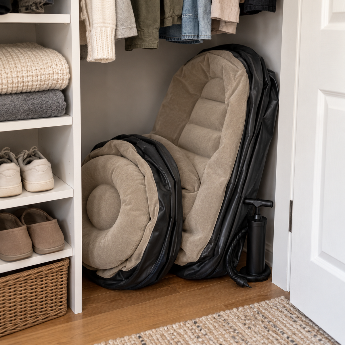Deflated taupe inflatable chair and ottoman folded away in a closet with the hand pump