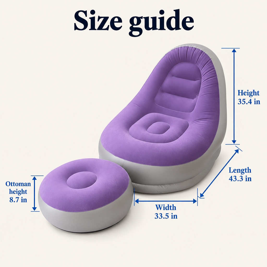 Purple chair and ottoman dimensions: 35.4 in tall, 43.3 in long, 33.5 in wide, ottoman 8.7 in tall