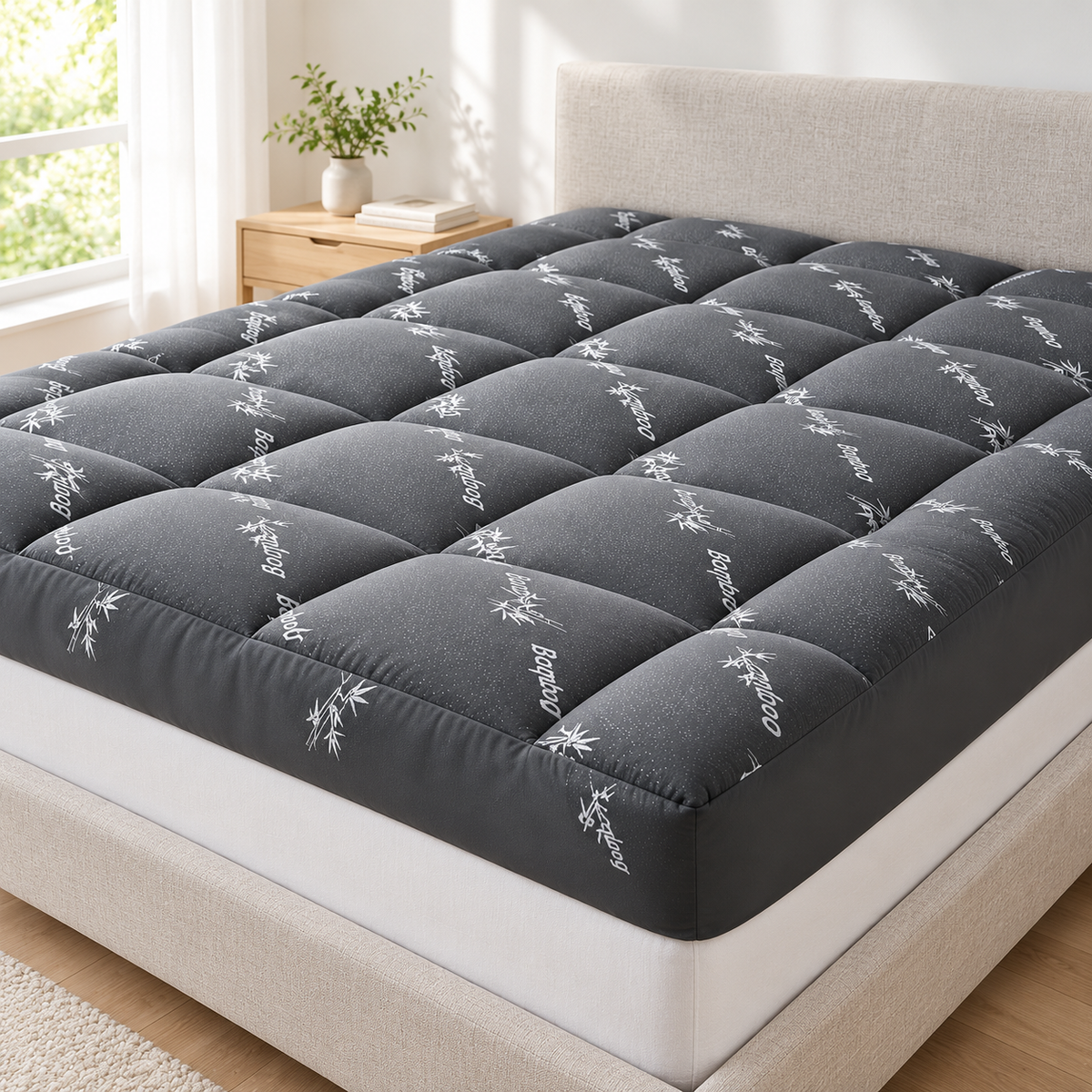 Bamboo print pillow-top mattress topper in charcoal