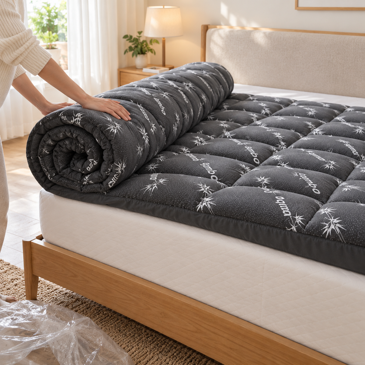 Unrolling the mattress topper onto a bed