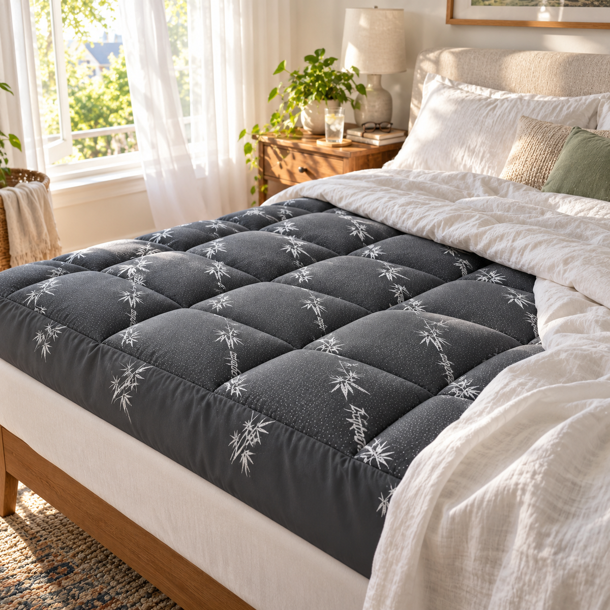 Charcoal bamboo print topper in a bright summer bedroom with the sheet folded back