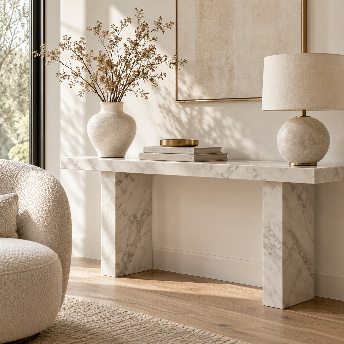 Styled marble console in a bright living room