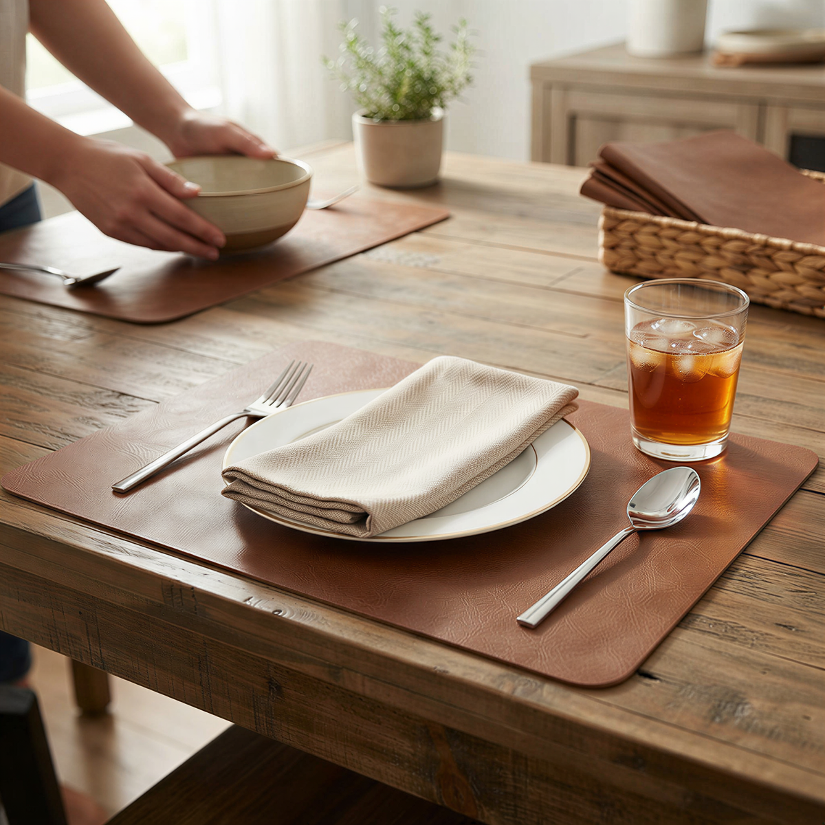 Brown faux leather placemat set on a wooden dining table