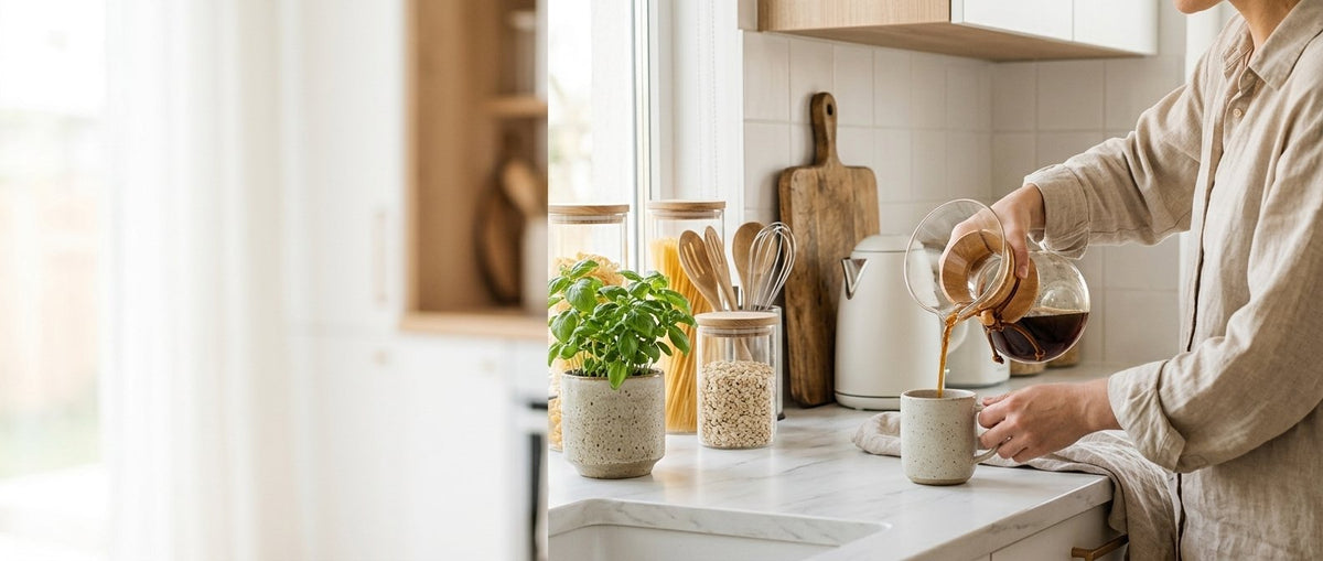 Pouring coffee in a bright kitchen