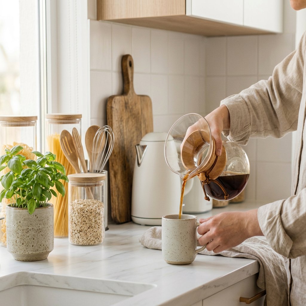 Pouring coffee in a bright kitchen