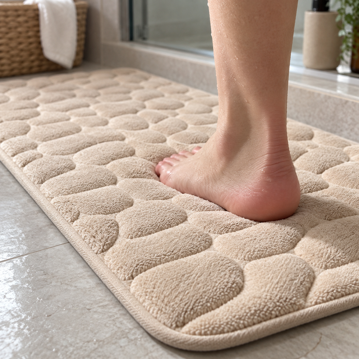 Bare foot pressing into the cobblestone bath mat pile