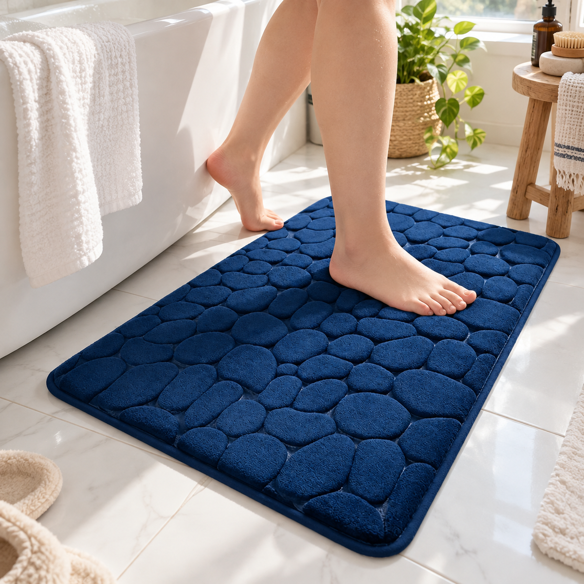 Navy blue cobblestone bath mat beside a bathtub