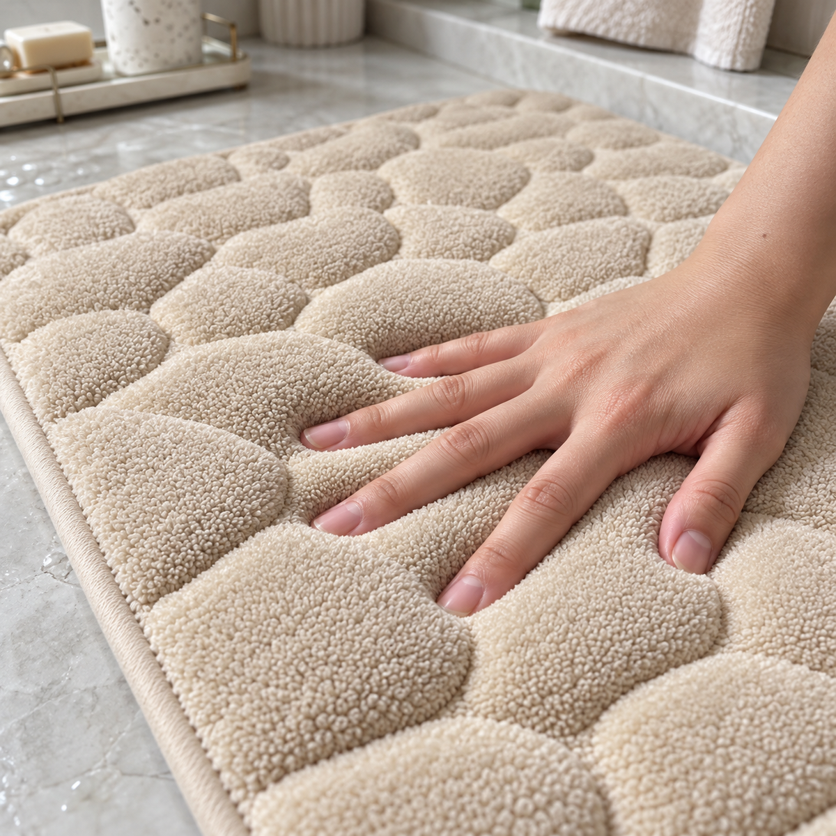 Hand pressing the soft cobblestone pile of the bath mat