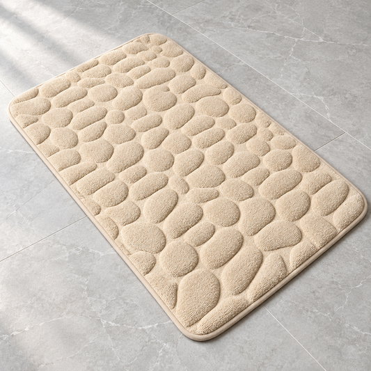 Cream 3D cobblestone non-slip bath mat on a bathroom floor