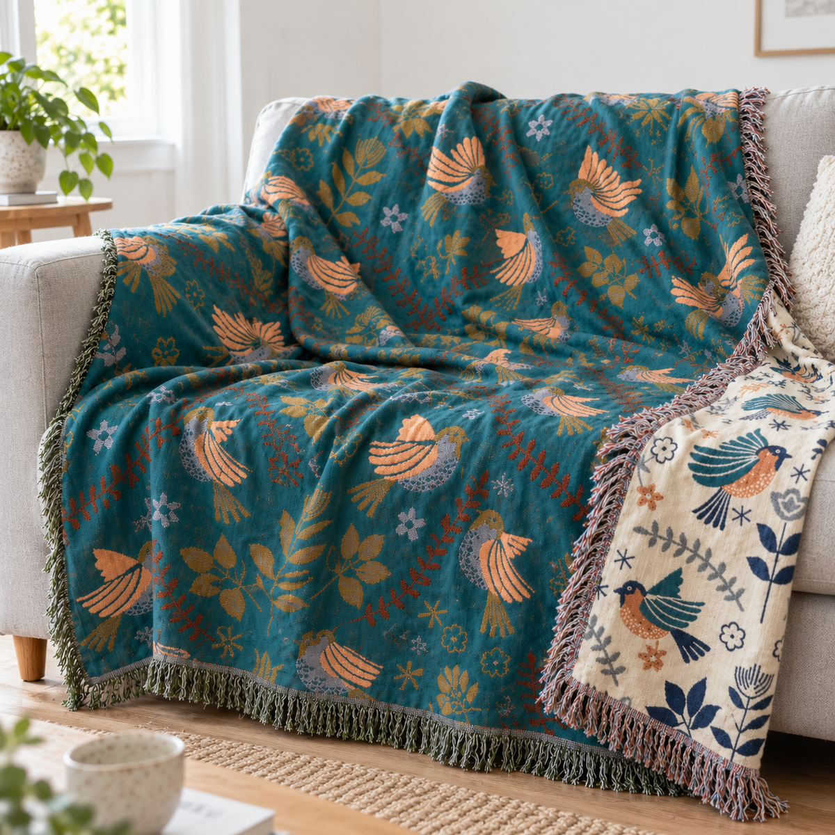 Blue Bird reversible cotton throw on a light gray sofa