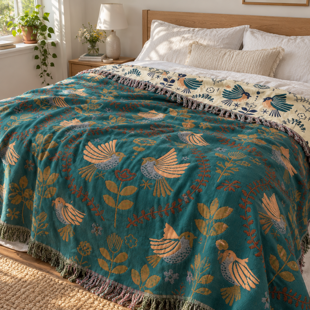 Bird print throw used as a bedspread
