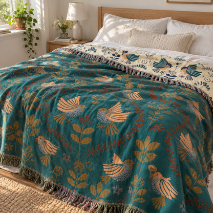 Bird print throw used as a bedspread