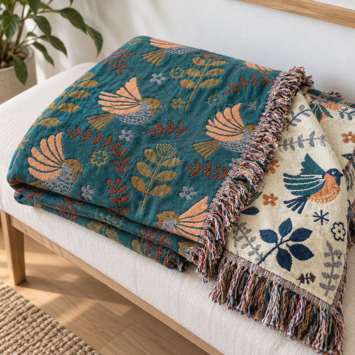 Teal front and cream reverse side of the bird throw