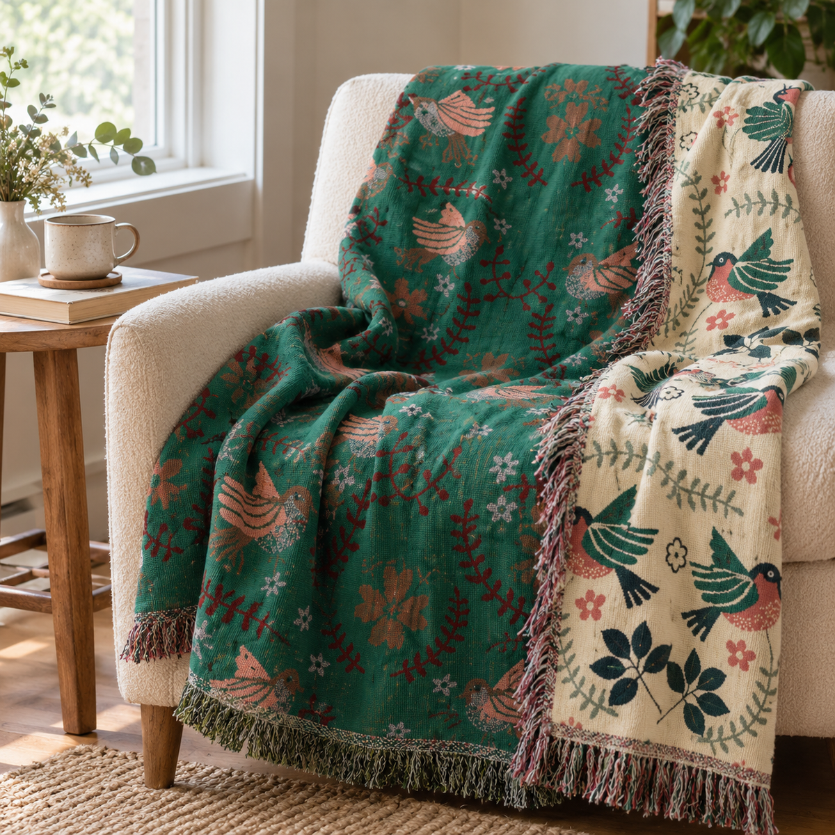 Green Bird throw over a cream armchair