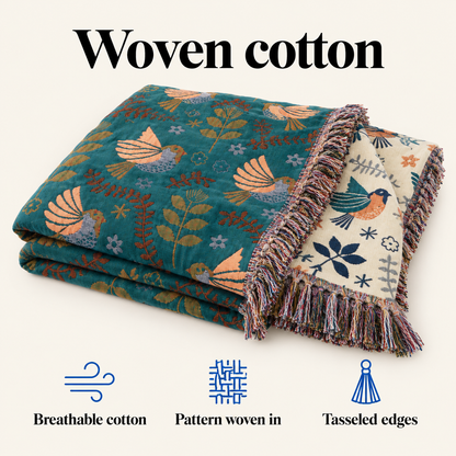 Woven cotton: breathable, pattern woven in, tasseled edges
