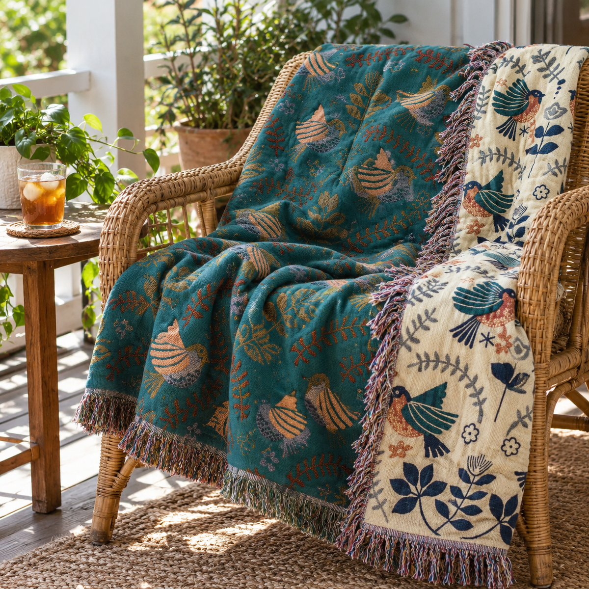 Bird throw on a rattan chair on a sunny porch