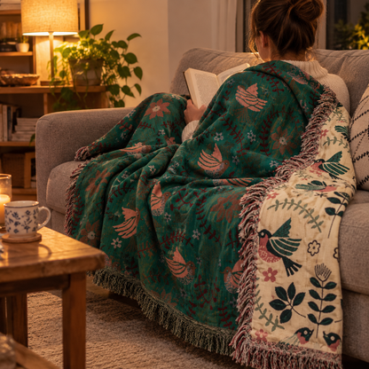 Reading on the sofa under the Green Bird throw