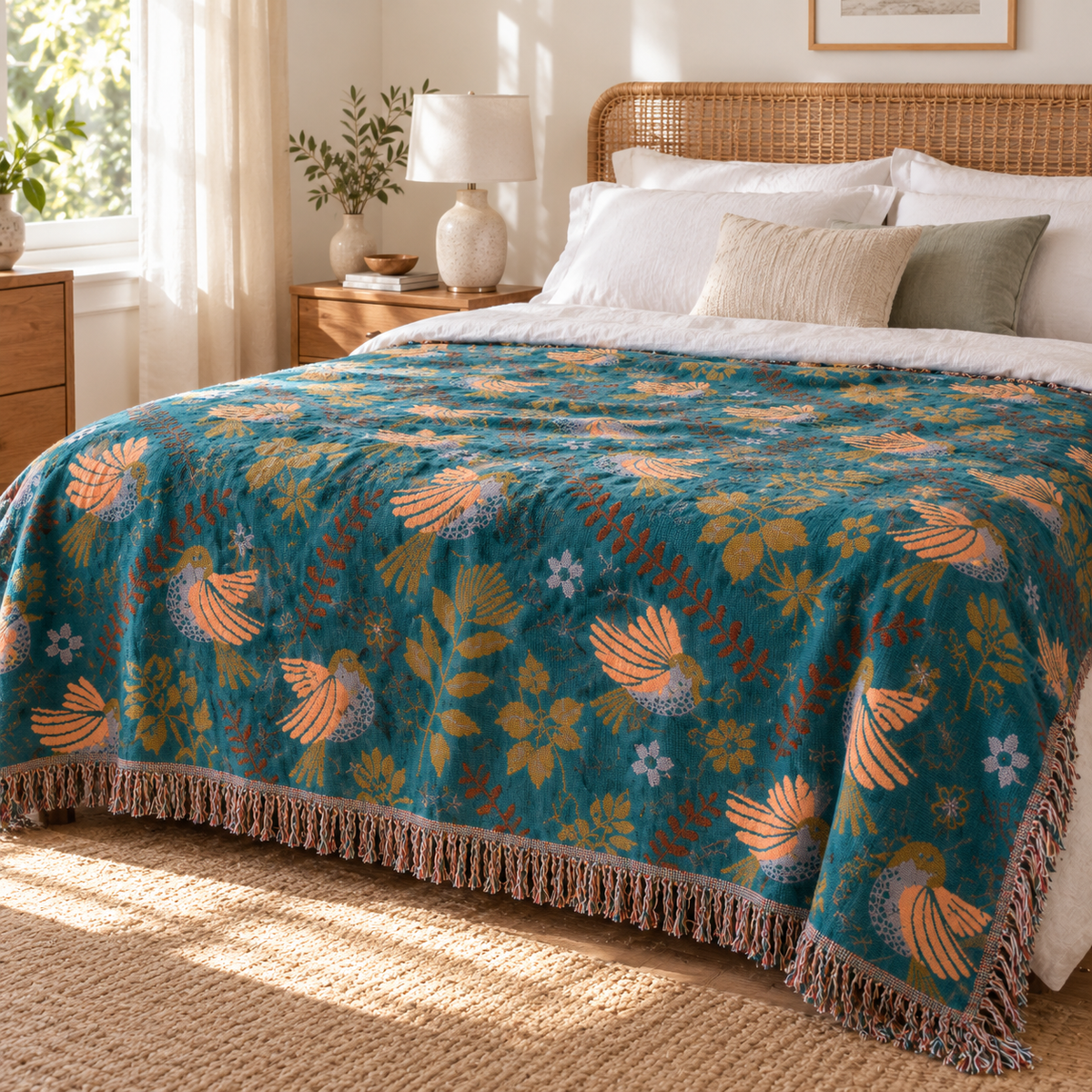 Blue Bird throw as a bedspread in a sunny bedroom