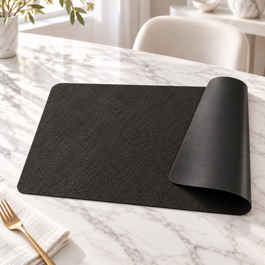 Black reversible faux leather placemat on a white marble table with the corner curled to show the smooth back