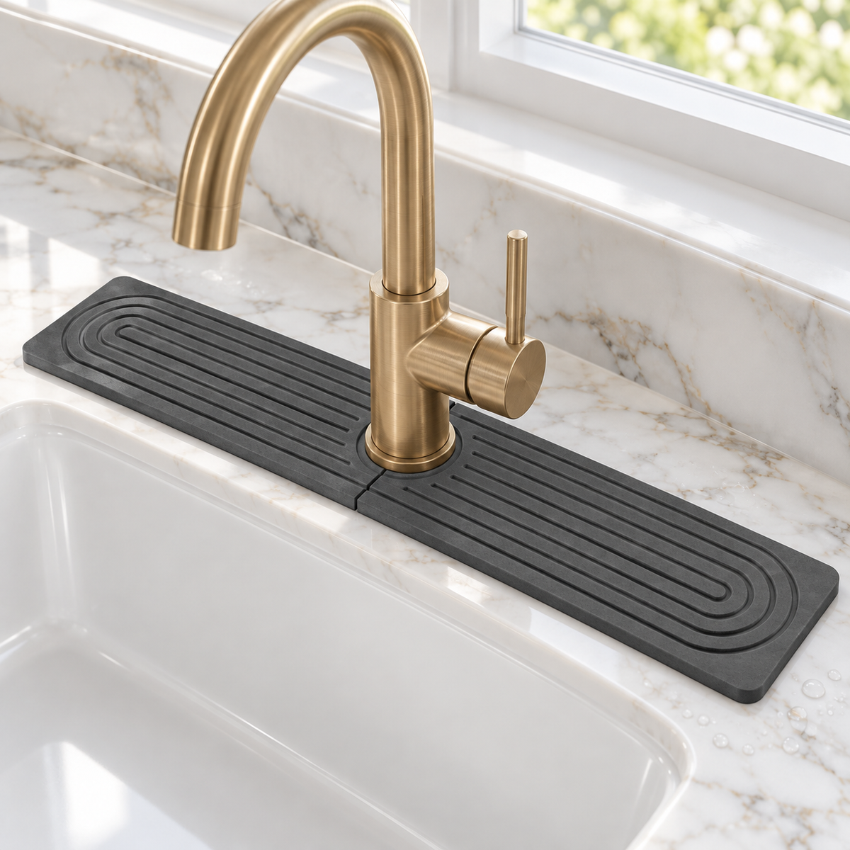 Dark grey diatomite sink mat, 23.6 in, around a brass faucet on white marble