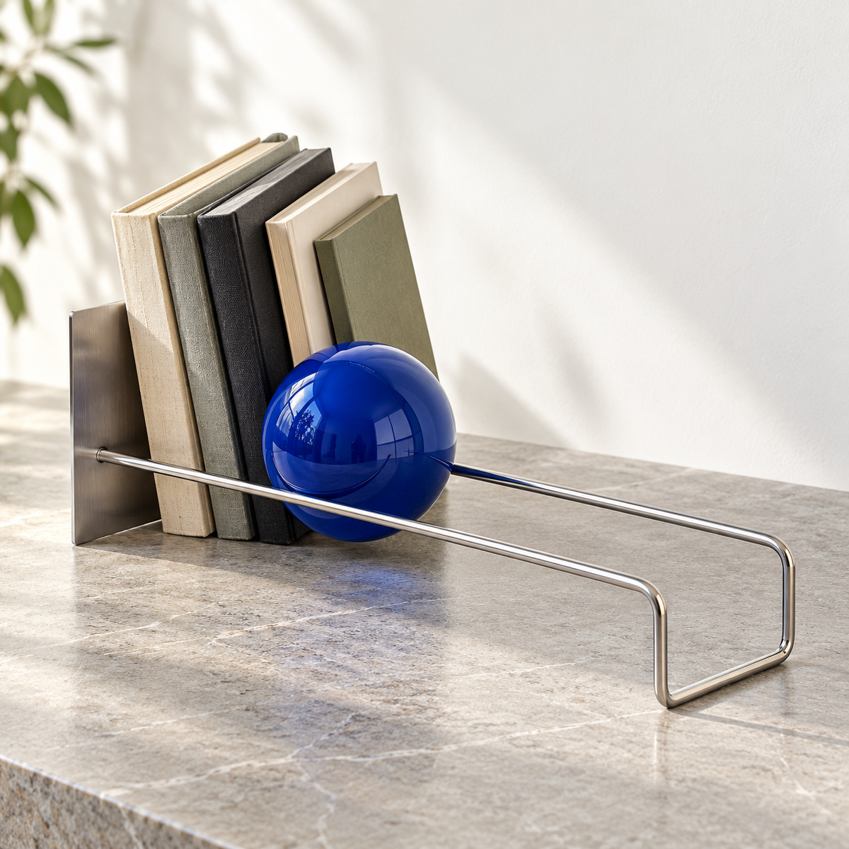 Sphere book holder with a cobalt blue sphere holding books on a stone desk