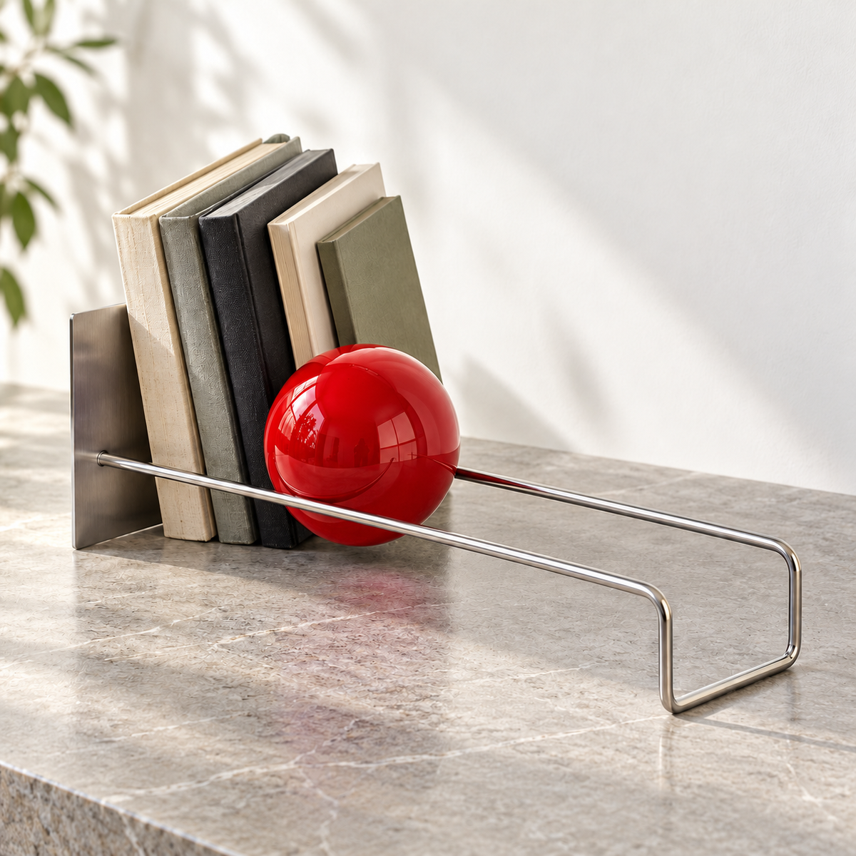 Sphere book holder with a red sphere
