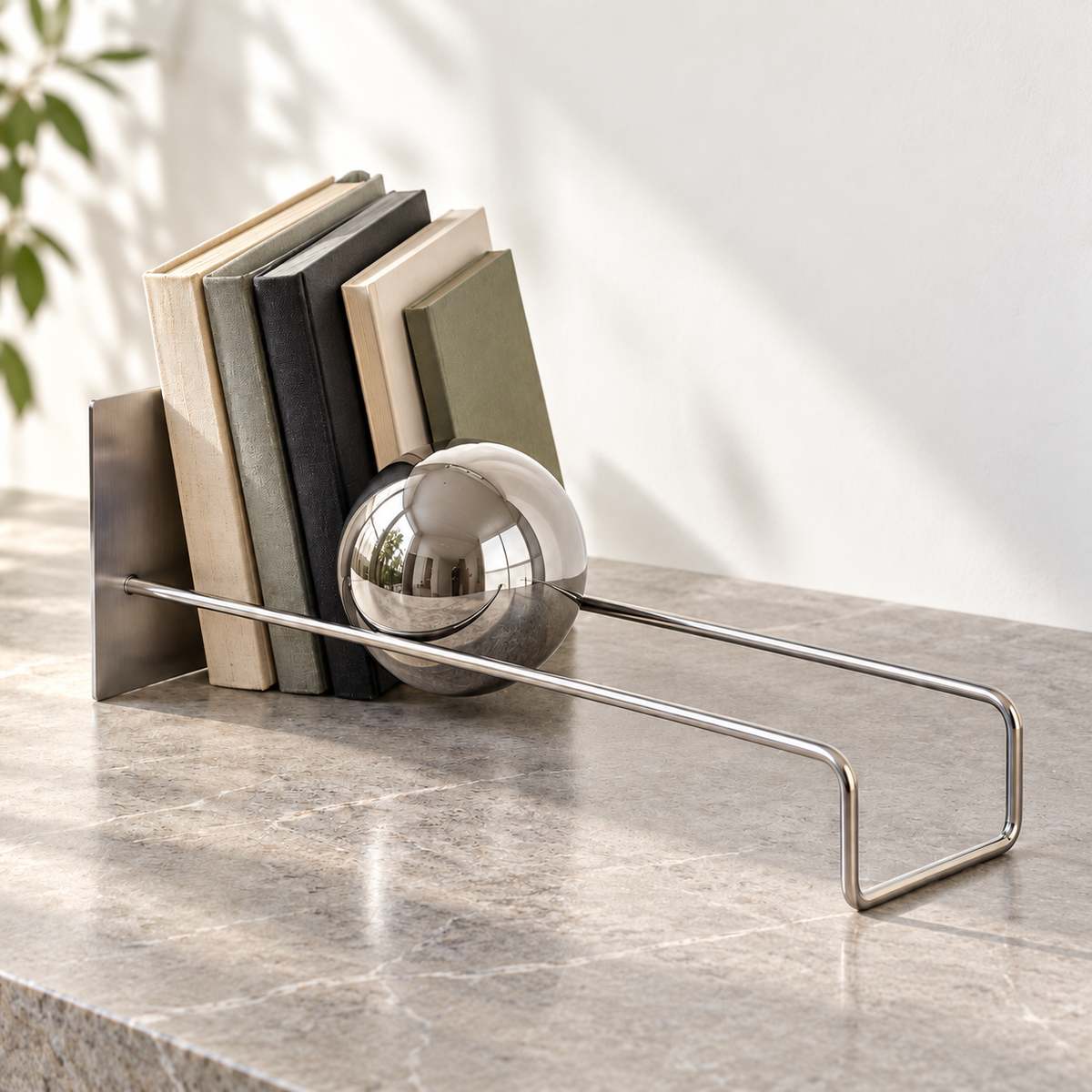 Sphere book holder with a polished silver sphere