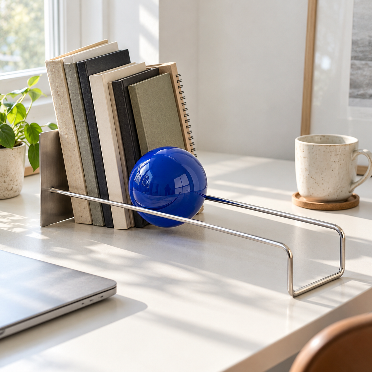 Blue sphere book holder on a white home office desk