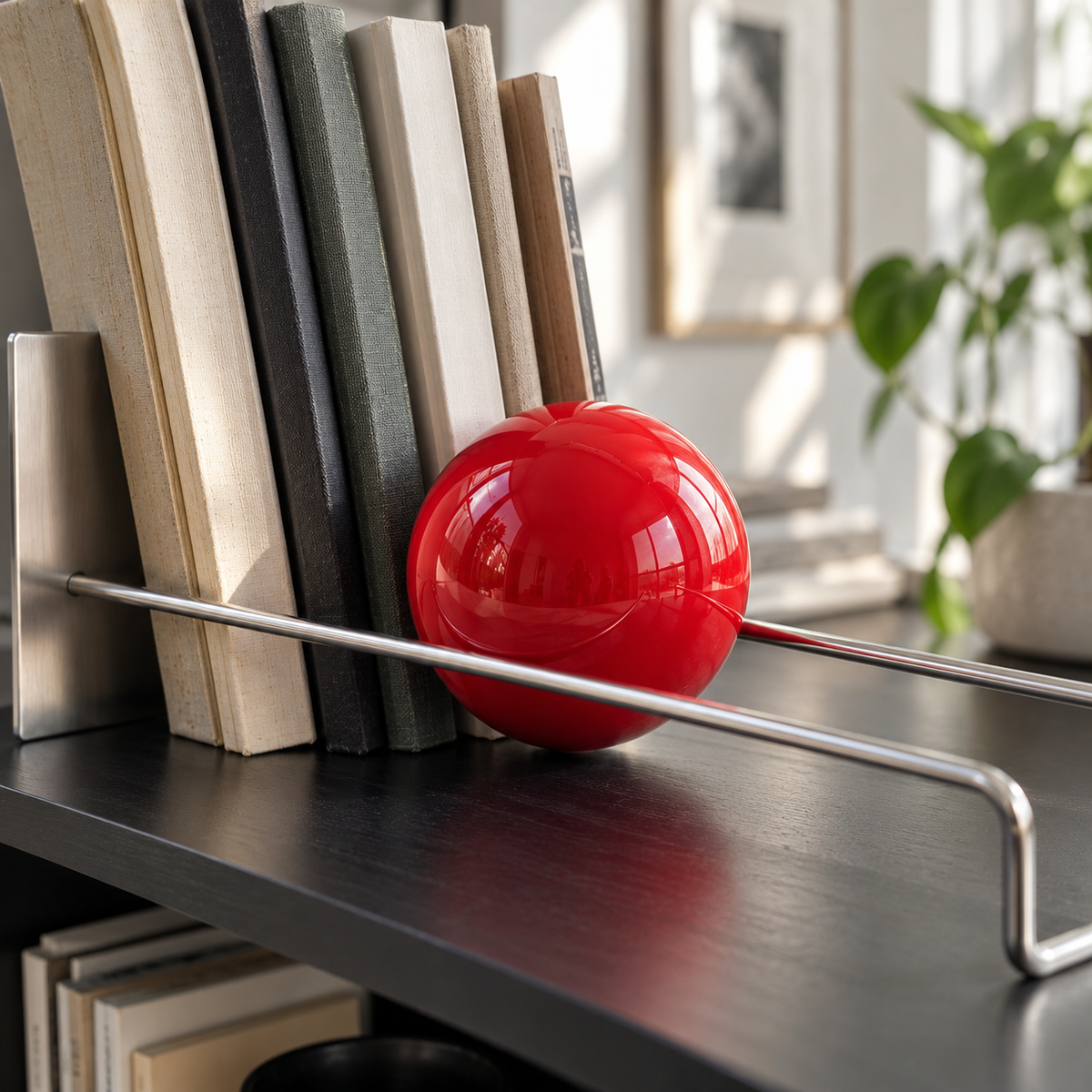 Red sphere resting against book spines on a black shelf