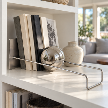 Silver sphere book holder on a white bookshelf