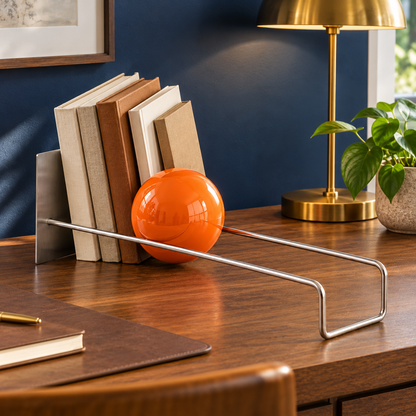 Orange sphere book holder on a walnut desk against a navy wall
