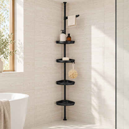Black 4 tier corner shower caddy on a floor to ceiling tension pole in a white travertine bathroom