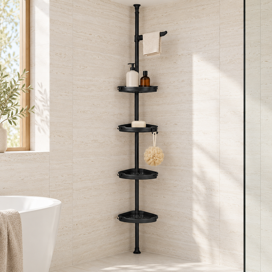Black 4 tier corner shower caddy on a floor to ceiling tension pole in a white travertine bathroom