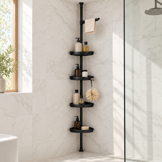 Corner shower caddy in a marble walk-in shower with bottles, towel and loofah