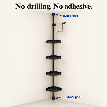 Infographic: no drilling, no adhesive, rubber pads at both ends of the pole