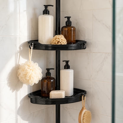 Close-up of two corner shower caddy trays holding bottles, with a loofah and brush on hooks