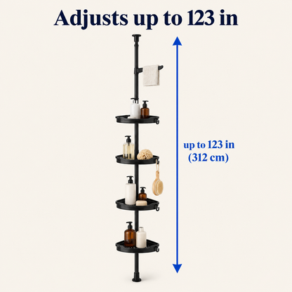 Infographic: shower caddy pole adjusts up to 123 inches