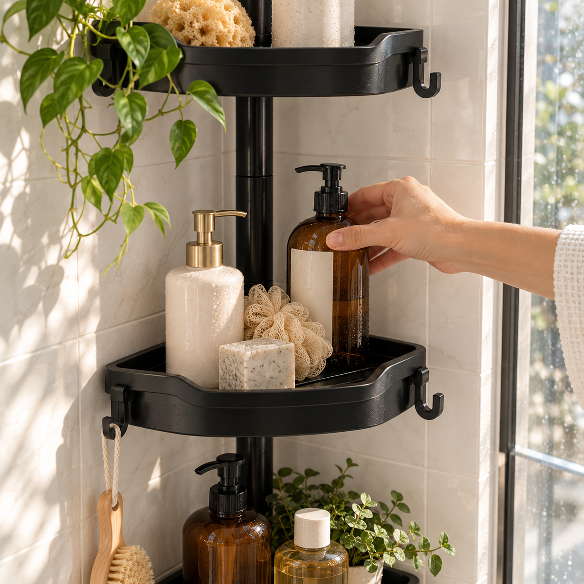 Hand reaching for a pump bottle on a corner shower caddy tray