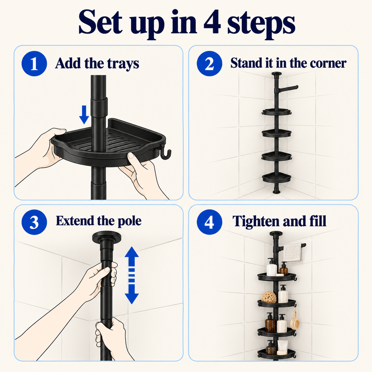 Infographic: set up the shower caddy in 4 steps