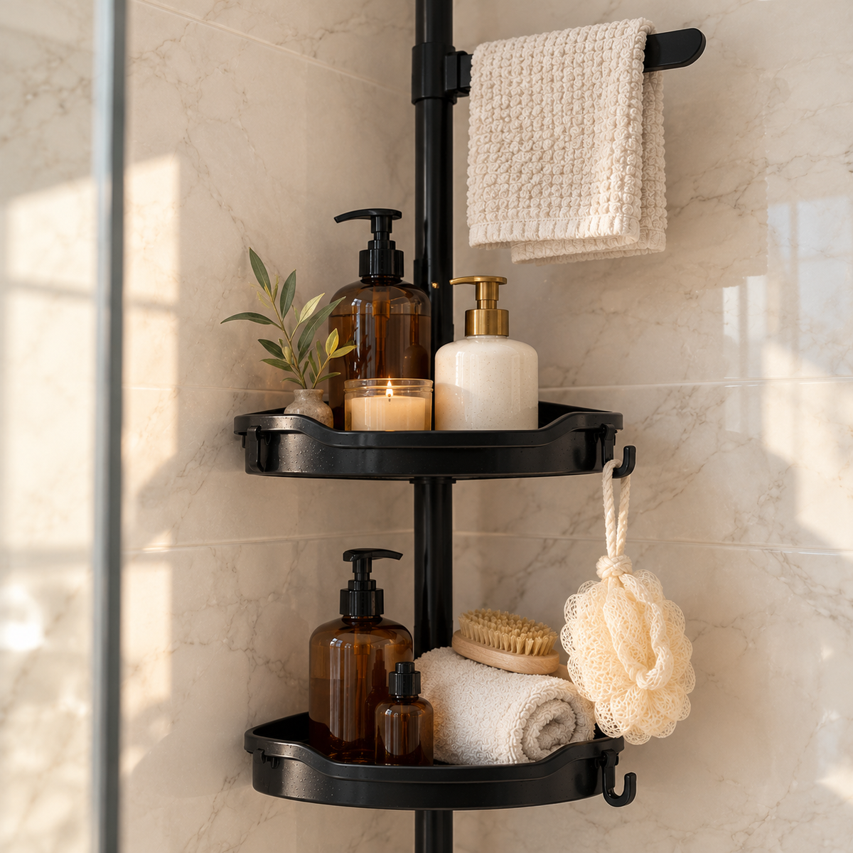 Top two trays of the corner shower caddy styled with amber bottles and a rolled towel