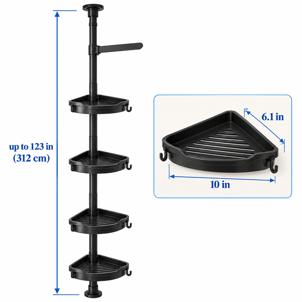 Size guide: caddy up to 123 in tall, trays 10 in by 6.1 in