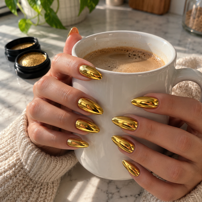 Hands with gold mirror chrome nails holding a coffee mug