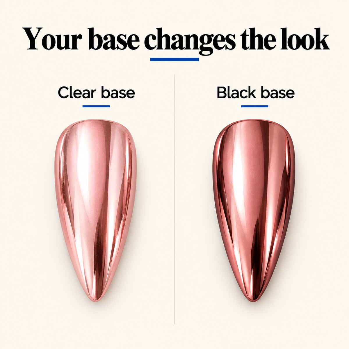 Rose gold chrome over a clear base compared with a black base