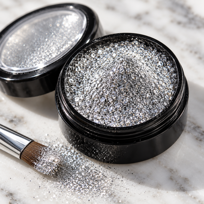 Close-up of fine silver chrome nail powder in its pot