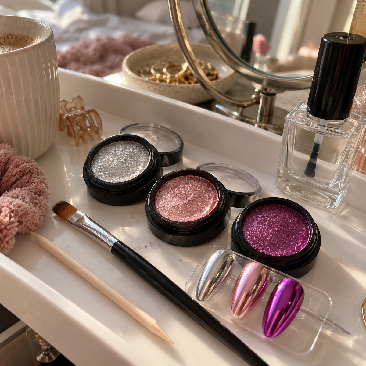 Home manicure setup with chrome nail powder pots on a vanity tray