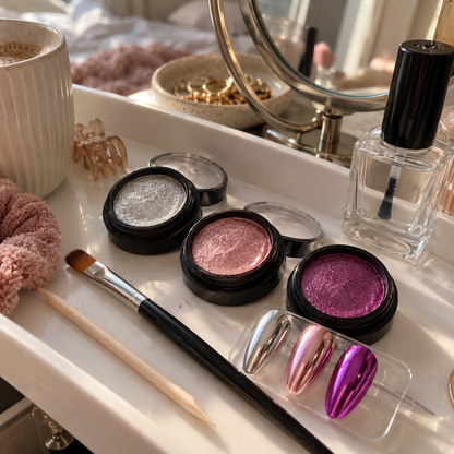 Home manicure setup with chrome nail powder pots on a vanity tray