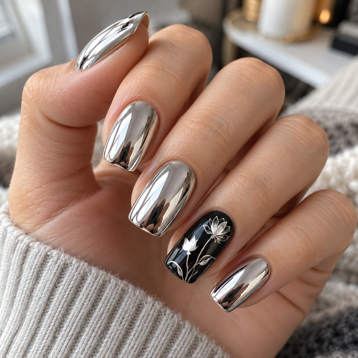 Chrome nails with one flower accent nail