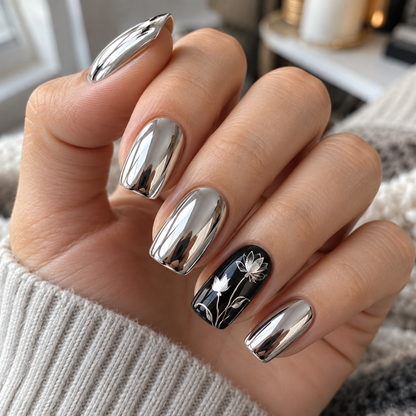 Chrome nails with one flower accent nail