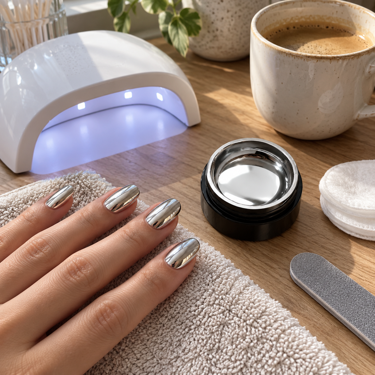 Manicure desk with chrome gel polish and a UV lamp